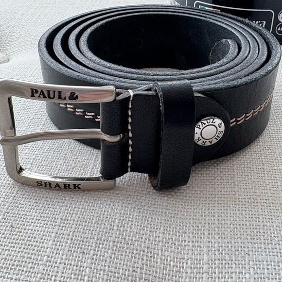 Paul & Shark Yachting Men’s Black Leather Belt Contrast Stitch Italy + Case - Picture 3 of 4